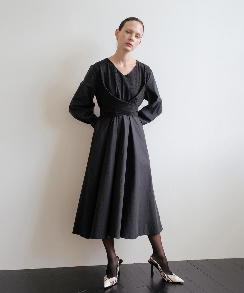 Unis Black Jacquard Tie-Waisted Dress
