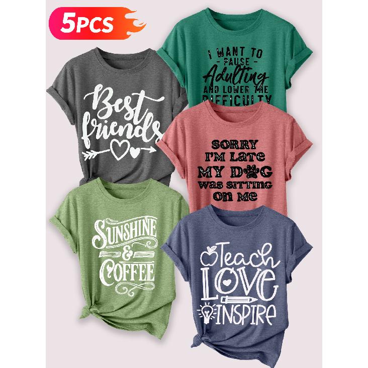 Lele Orientation Five-piece set for women T Shirt Simple English phrases with healing handwritten text and vintage print Spring, Summer, Autumn