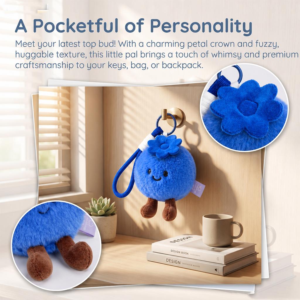 Fluffy Blueberry Plush Keychain, Soft Stuffed Doll Toy Bag Pendant Phone Charms, Mean 'Block Bad Luck', Home Decor Ornament Gift