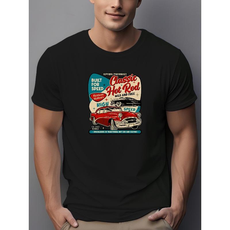 Herren Hot Rod Rot Oldtimer Trendige Streetwear Sommer Lässig Rundhals Kurzarm T-Shirt
