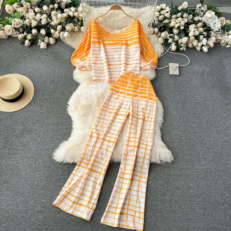 

Age-Reducing Denim Casual Wear Print Wide Leg Pants Two-piece Set Yellow Square XL