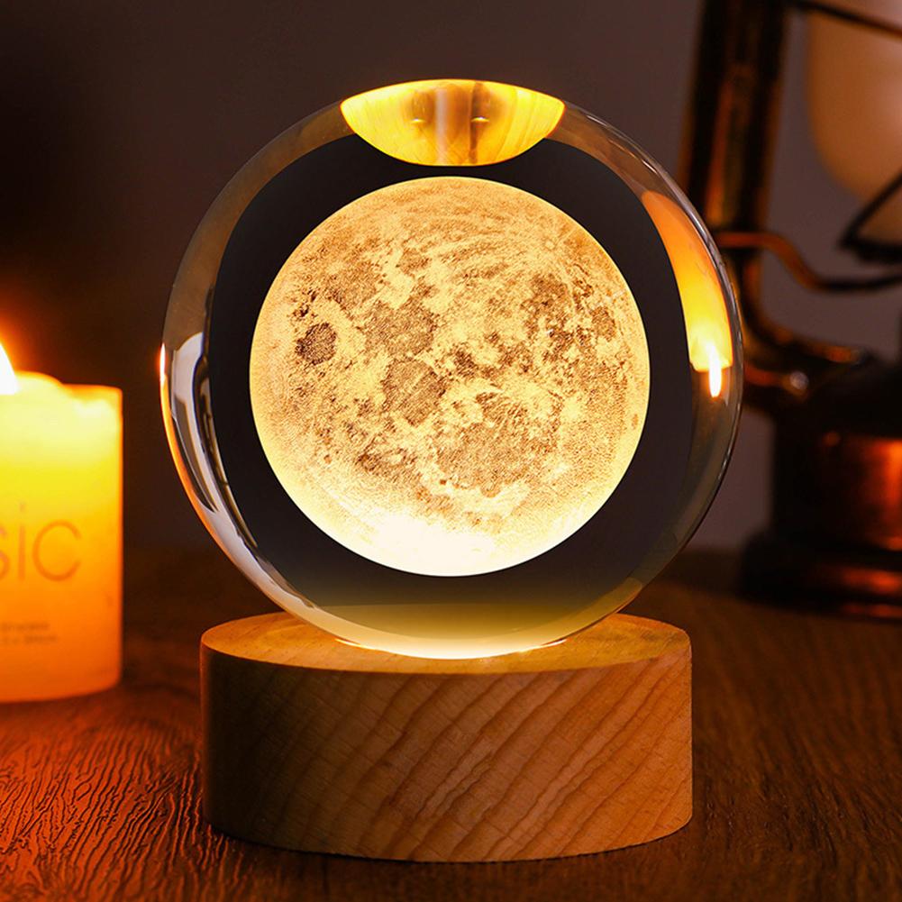 LED Crystal Table Lamp 3D Moon Galaxy Globe Night Light 16 Color Changing Wooden Base Ideal Birthday Gift for Teens Boys & Girls