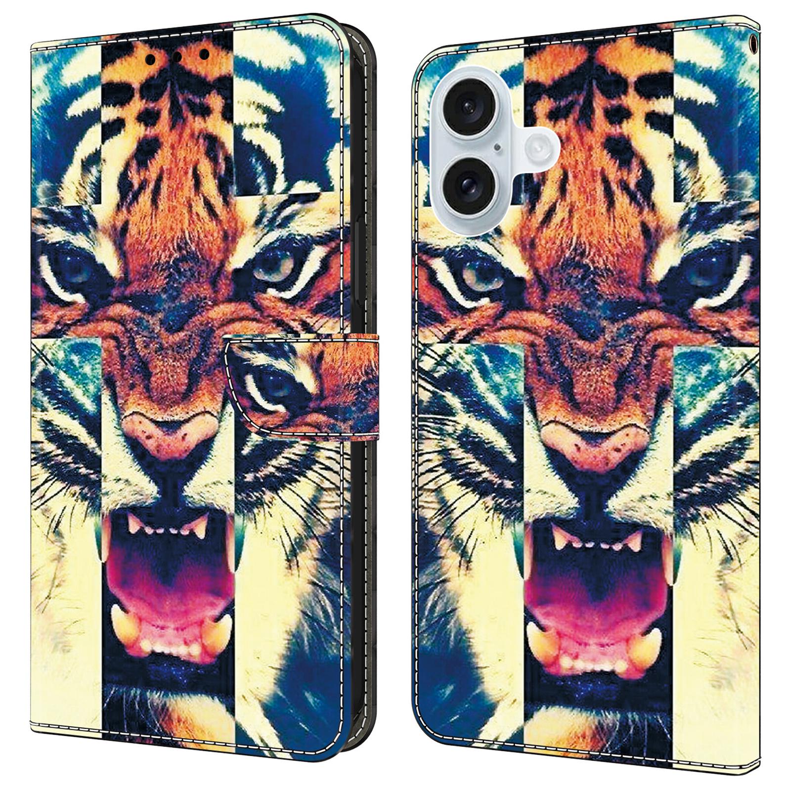 

For iPhone 16 Plus Leather Case Pattern Printing Wallet Stand Anti Drop Phone Cover Tiger