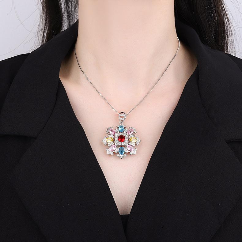 Huamei Jewelry Colorful Tourmaline Pendant Snowflake Micro Inlaid With Necklace Retro Luxury Clavicle Chain