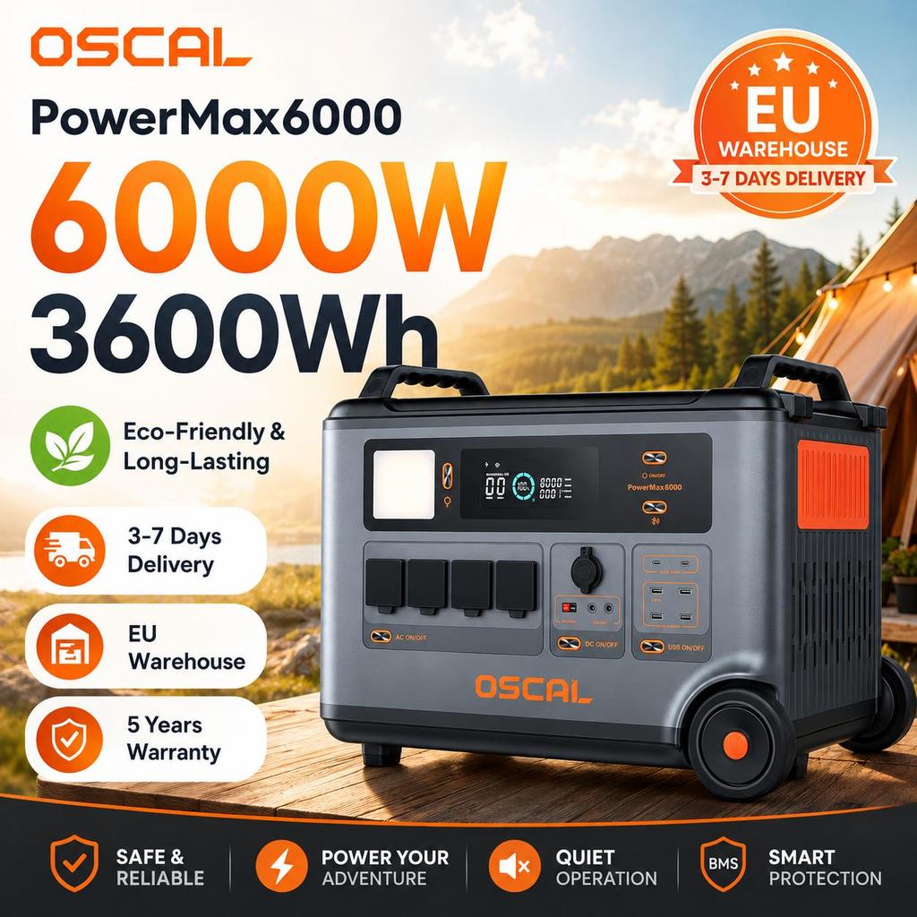OSCAL PowerMax6000 Tragbare Powerstation 6000W 3600Wh LiFePO4 Solargenerator 57600Wh Erweiterbar 120V/240V USV Schnellladung APP für Zuhause Wohnmobil Off-Grid