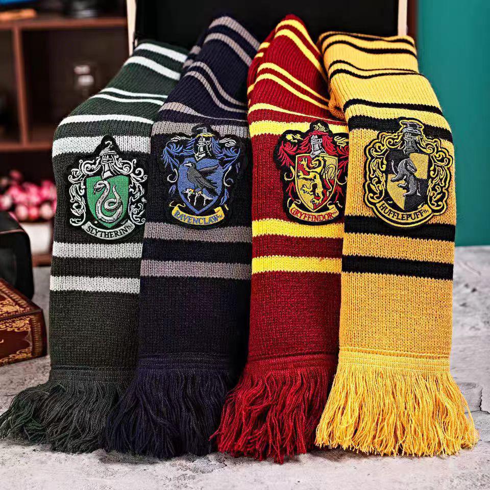Thick Warm Tassel Scarf with Large Hogwarts House Logo: Slytherin, Ravenclaw, Gryffindor