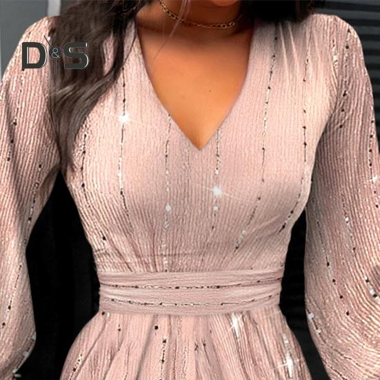 Women Dress Low Cut Deep V Neck Long Lantern Sleeves Solid Color Tight Waist Pleated A Line Big Swing Commute Lady Spring Summer Mini Dress