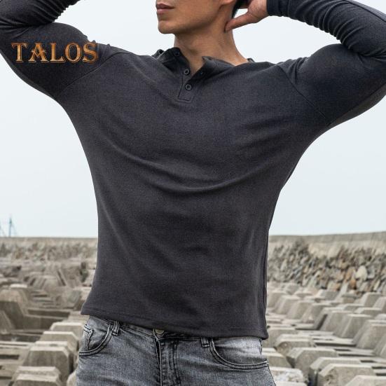 Jaro podzim pánské top s knoflíky, kulatým výstřihem, úzkým střihem, dlouhým rukávem, jednobarevný svetr, střední délka, elastické sportovní triko na jogging