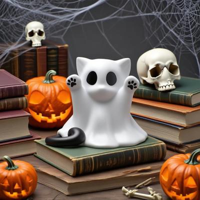 Halloween Geisterkatzenstatue Niedliche Mini-Katzenfigur Cartoon Schreibtischornament für Zuhause Büro Tischplatte Regaldeko