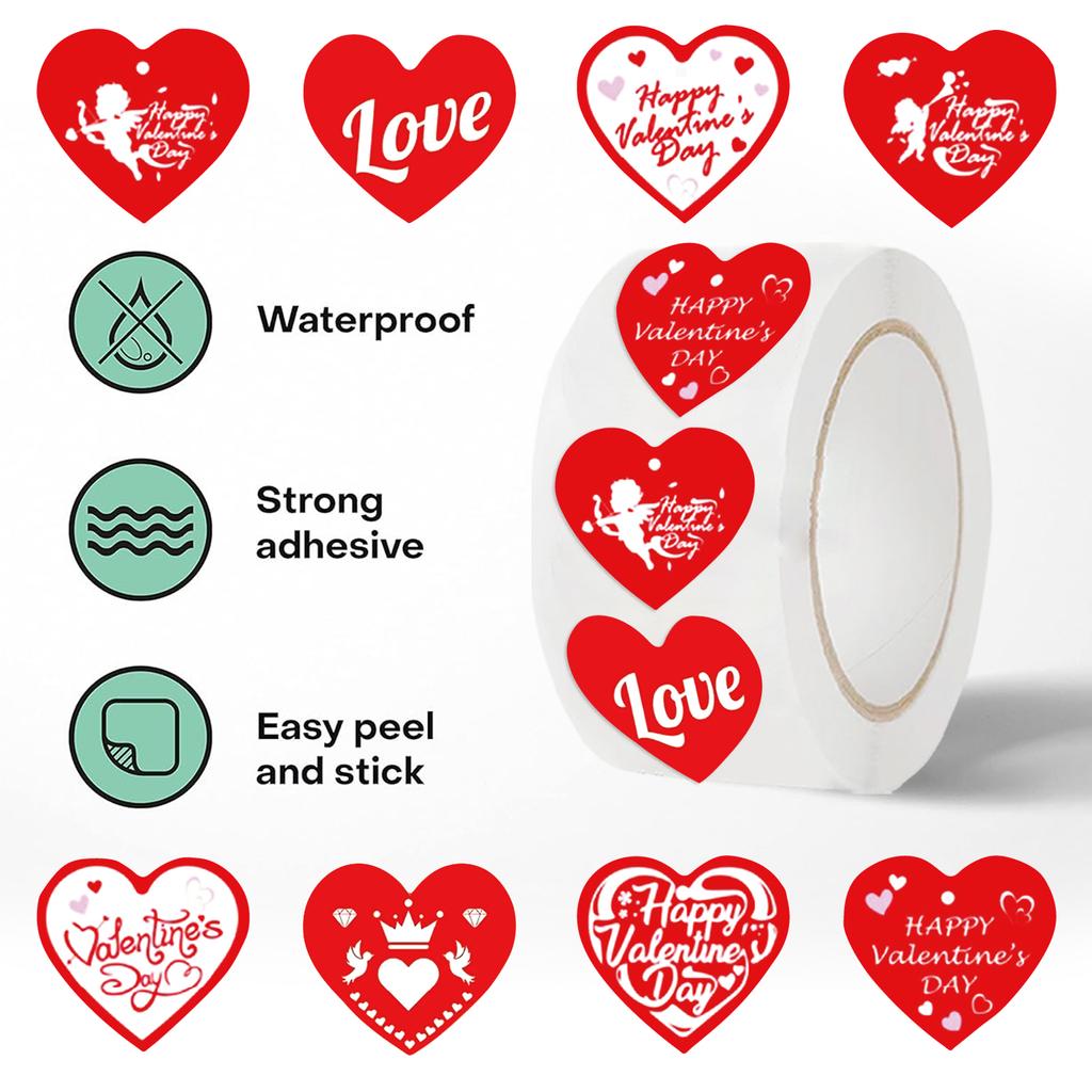 500PCS Valentines Heart Stickers Roll Happy Valentine's Day Stickers Roll Round Adhesive Label Stickers Love Heart Party Decal