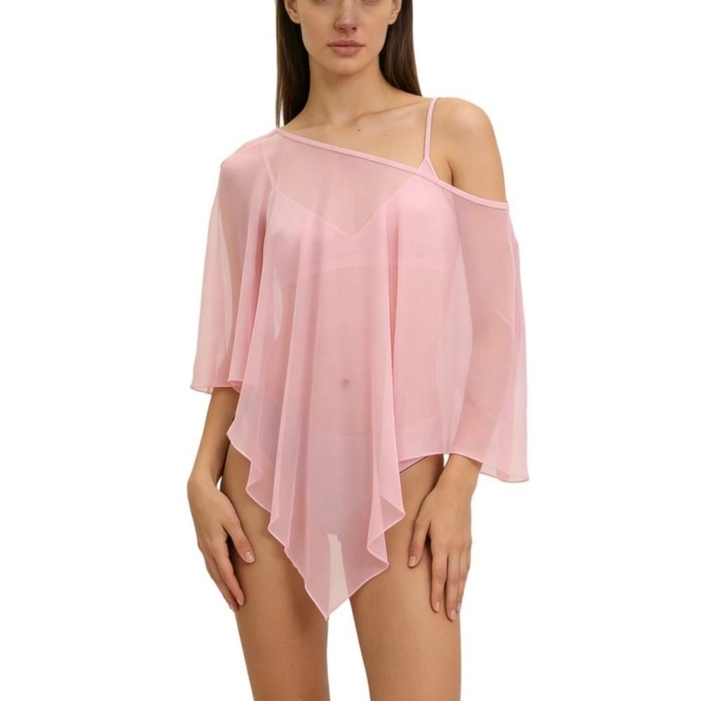 Solid Color Sheer Poncho Top Asymmetrical Design Swim Coverup Womens T-shirt Beach Cover-ups