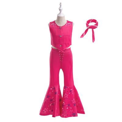 European and American Barbie Cosplay Children's Sleeveless Party Dress with Scarf - 3-Piece Printed Performance Outfit