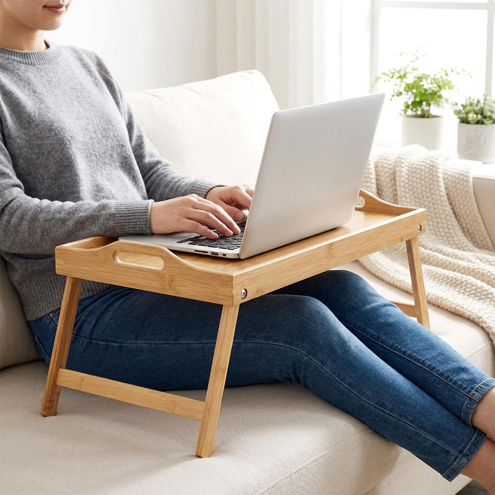 Stolik Bambusowy Śniadaniowy Pod Laptop Składany Taca Deska do Łóżka 2w1