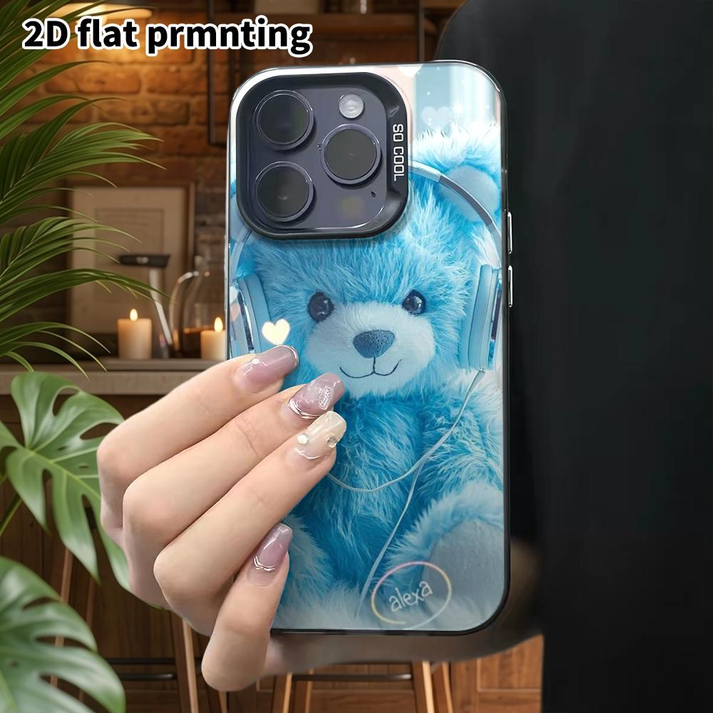 Phone Case: 2D Flat Design Suitable for iPhone 18, 17, 16, 15, 14, 13 Pro, Color Silver Protective Case, Couple Style, Blue Bear, Christmas and Hallow