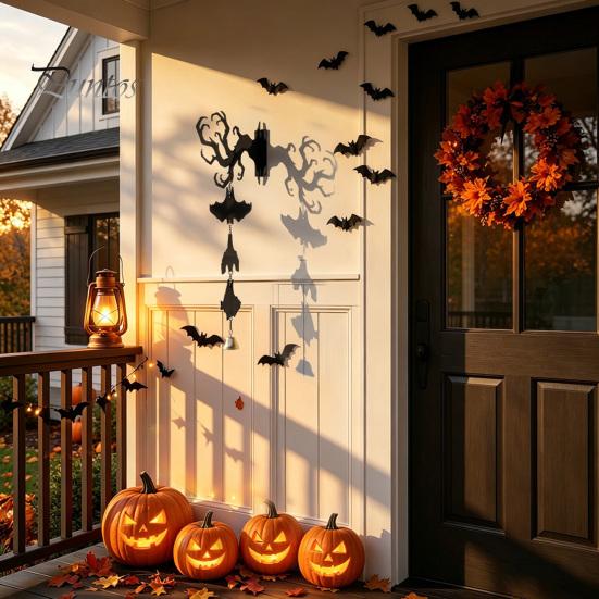 Festive Entrance Hanging Bell Halloween Wall Decor, Matte Black Dead Branch Bat Silhouette Ornament Courtyard Decoration with Metal Bell, Easy Install