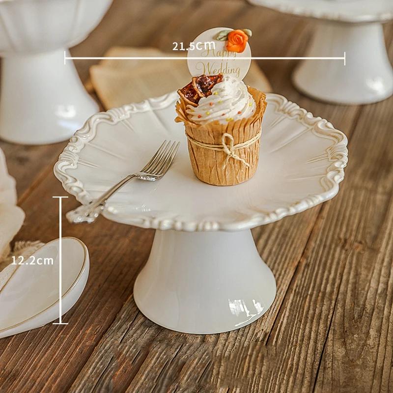 Light Luxury Relief Ceramic Tray Afternoon Tea Dessert Fruit Multi Layer High Footed Dining Plate Exquisite Household Tableware