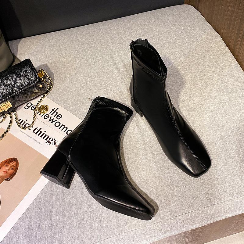 Fashion Luxury Women Mid-calf Boots Autumn Winter Retro Elegant Square Toe Ankle Boots Fashion Sexy Lady Leather Motorcycle Boots Botas