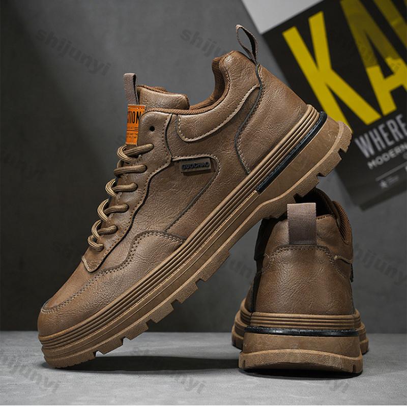 Fashion Men Casual Leather Shoes Autumn New Waterproof Work Shoes Casual Thick Soled Lace Up Anti Slip Ankle Boots Comfort Leather Botas