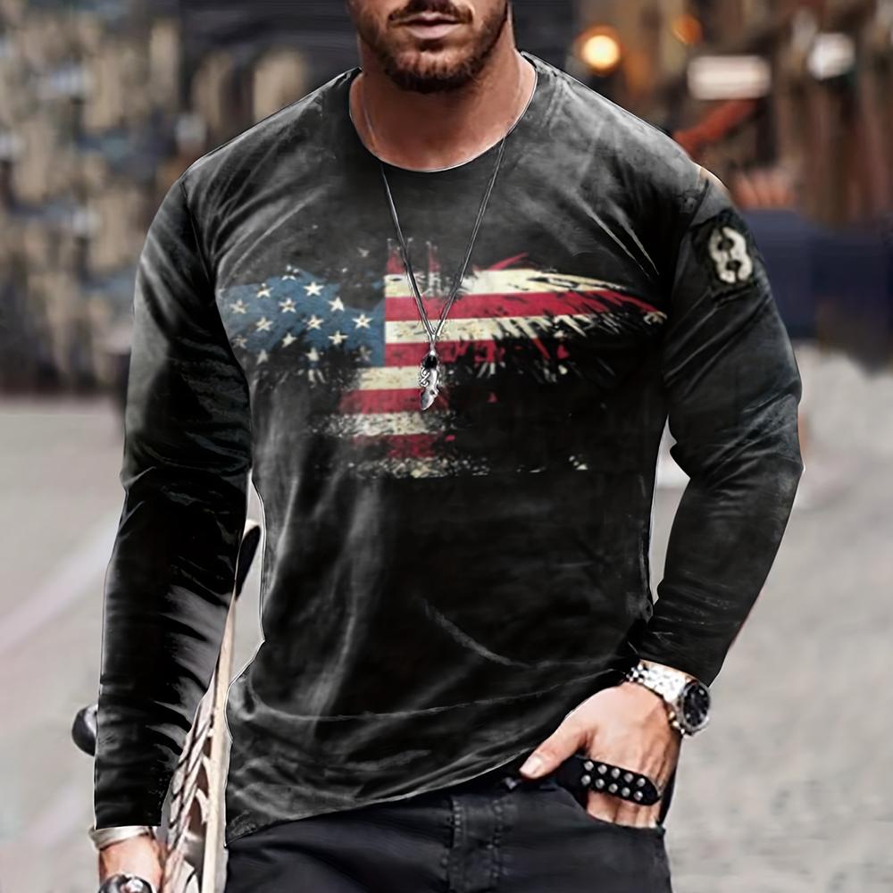 Vintage Men's T Shirt Long Sleeve Fall Tops Broken Flag Pattern 3D Printed War T Shirt Oversized Loose Street Sportswear Xs-7Xl
