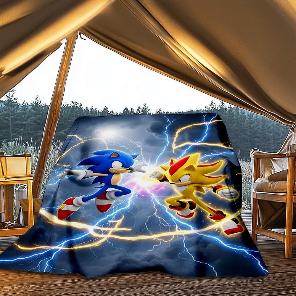 1pc Sonic, Lightning Outdoor Personalized Flannel Blanket, Soft, Lightweight Personalized Flannel Blanket, Digital Printing,