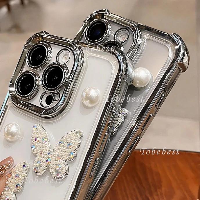 3D Pearl Butterfly Shockproof Plating Silicone Case for iPhone 16 16E 15 14 13 12 Mini 11 Pro XS Max XR X 8 7 Plus Cover