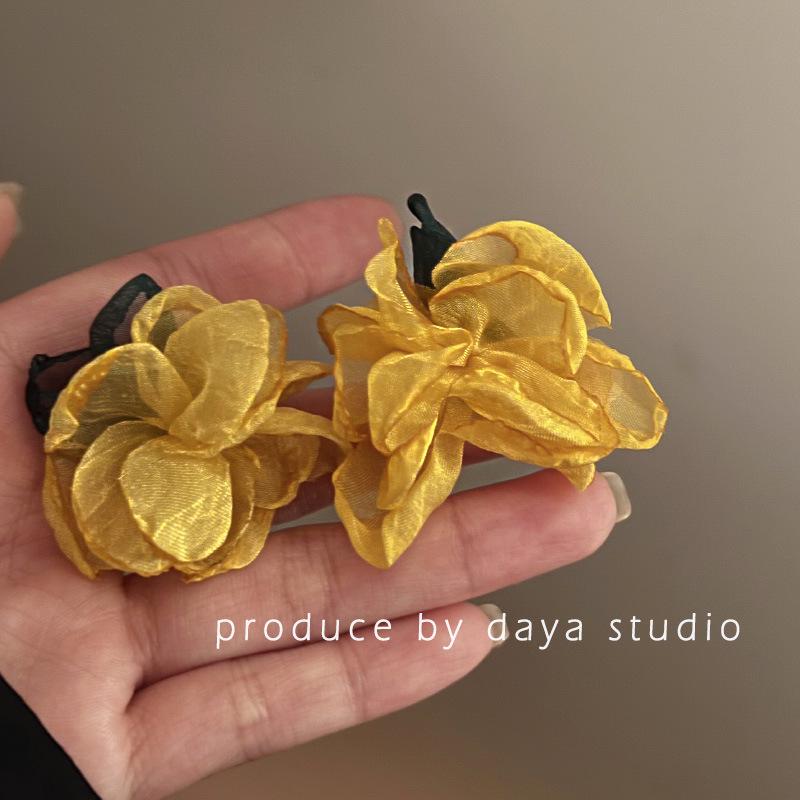 Ethereal Forest Girl Yellow Floral Chiffon Stud Earrings - Fresh Vacation Style