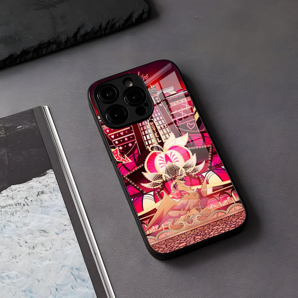 H-Hazbins-Hotels Handyhülle für iPhone 17 Air, 16 E Pro Max, 15, 14, 13 Mini, 12 Pro, 11 Max Plus – Schwarze Glasabdeckung