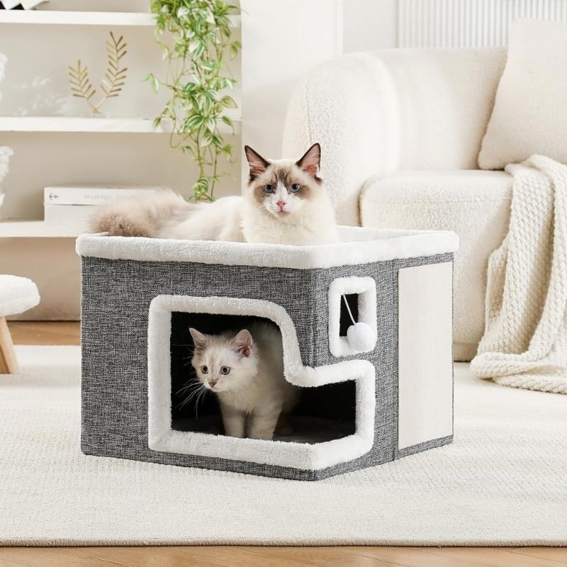 Double Layer Cats Cave Bed with Scratching Pad Foldable Design Space Saving Cats Shelter House for Indoor Habitats