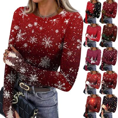 Women's Winter Slim Bottom T-shirt Fashion Casual Gradient Printing Round Neck Pullover Long Sleeve Top