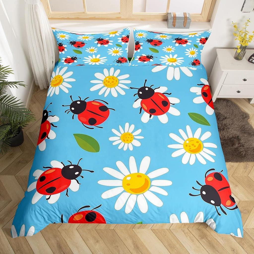 Cute Ladybug Duvet Cover Twin Queen Cartoon Animal Ladybird Insect Bedding Set Kawaii Wildlife Love Heart Print Comforter Cover