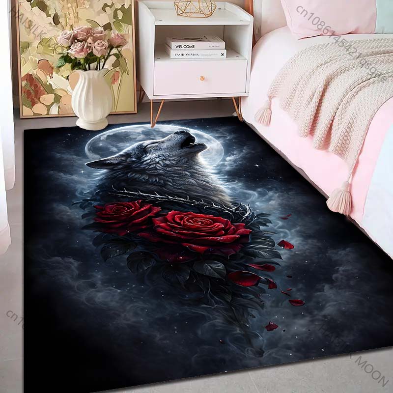 Multiple sizes White wolf moon roses Carpet for Living Room Bedroom Sofa Home Decor Rus Non-slip Floor Mat Luxury Gift