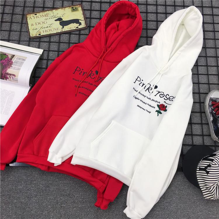 Student Fleece Flower Print Hoodie for Autumn Winter Women Couple Long Sleeve Casual Outfit Pullover