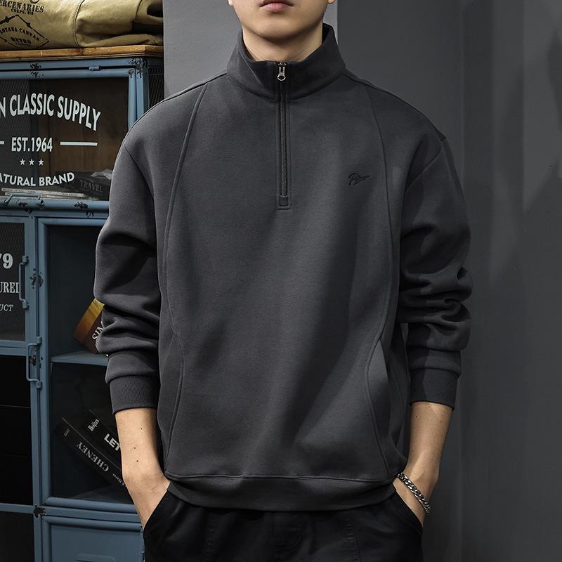 Heren Herfst Retro Geborduurde Zware Half-Ritssluiting Losse Pasvorm Opstaande Kraag Hoodie Pullover