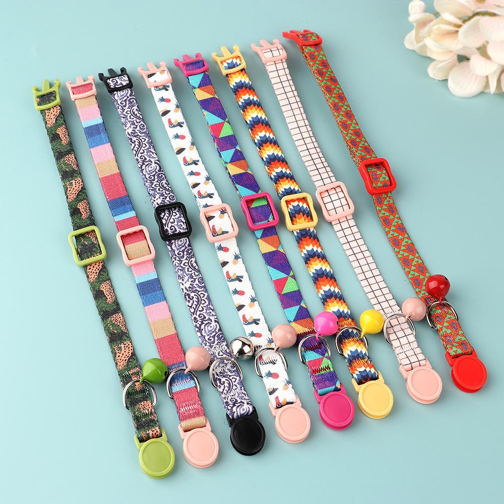 Nylon Cat Collar Quick Release Cat Collars Safety Kitten Puppy Collars Print Necklace With Bell Adjustable Cats Accessories