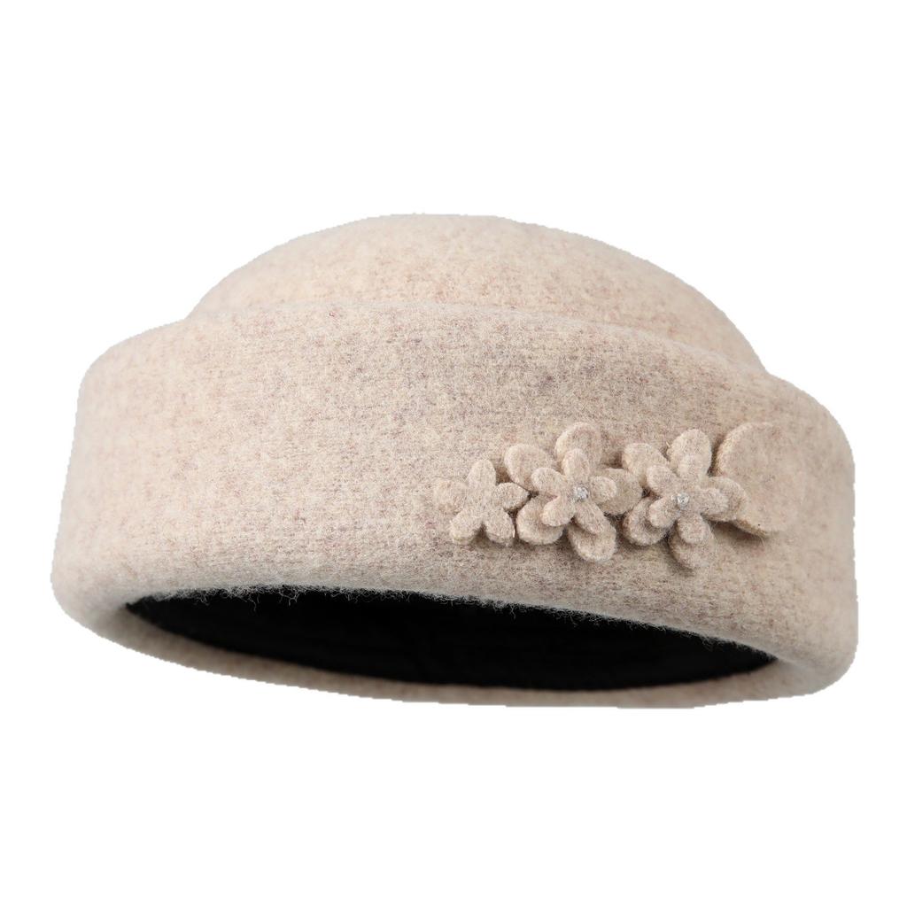 Retro-Hut Damen Herbst und Winter Neu Elegant Blume Wolle Topfhut Mutter Zylinder Gesicht zeigend Kleiner Fischerhut