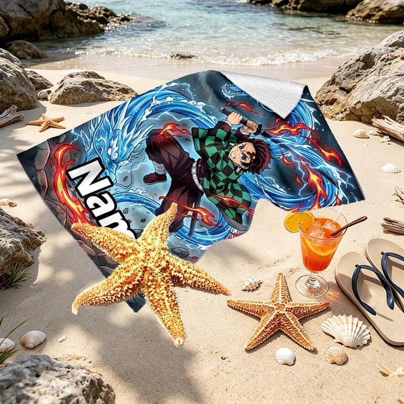 Custom Name Personalized Demon Slayer Print Beach Towel, for Trip Camping Beach Party Home Decor, Birthday Gift for Family & Friends