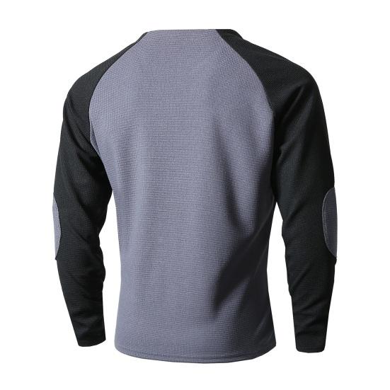 Spring Fall Men Top Regular Fit Colorblocked Long-Sleeve T-Shirt Buttoned Round Neck