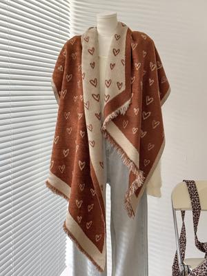 Women & Men Winter Warm Scarf Delicate Love Pattern Faux Cashmere Irregular Cut Double-Sided Neckerchief For Cold Days