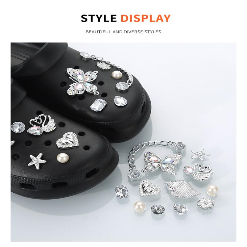 Set da 12 Pezzi Charms per Scarpe a Catena Argentati Incastonati di Diamanti Per Decorazioni Fai-da-te con Pattern Calamaro Farfalla Conchiglia Fibbia per Scarpe