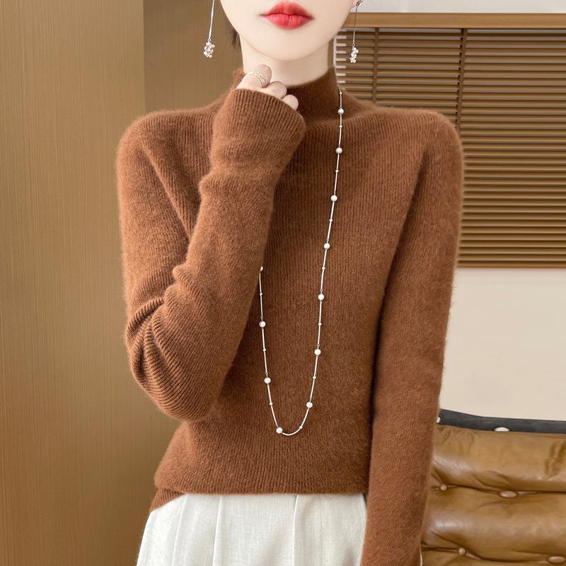 Damski sweter z wysokim dekoltem, dopasowany, z imitacji wełny - rozciągliwa dzianina, warstwa bazowa na jesień/zimę