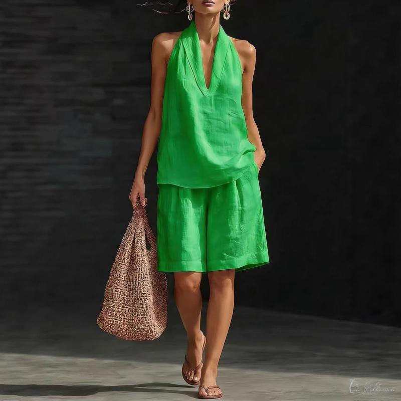 Women's V-neck Vest Shorts Holiday Casual Two-piece Set