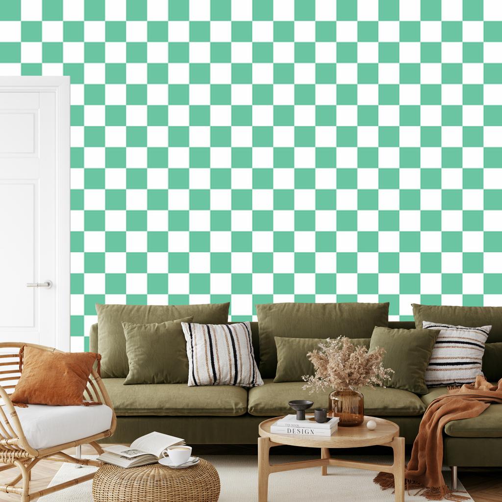 Checkerboard Wallpaper White and Sea Blue for Living Room and Bedroom 50x1000