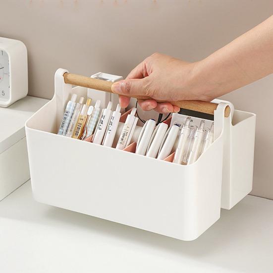 Desktop Plastic Caddy with Wooden Handle Art Supply Organizer Bin with Adjustable Dividers Makeup Basket Storage Tote for Colored Pencils Brushes