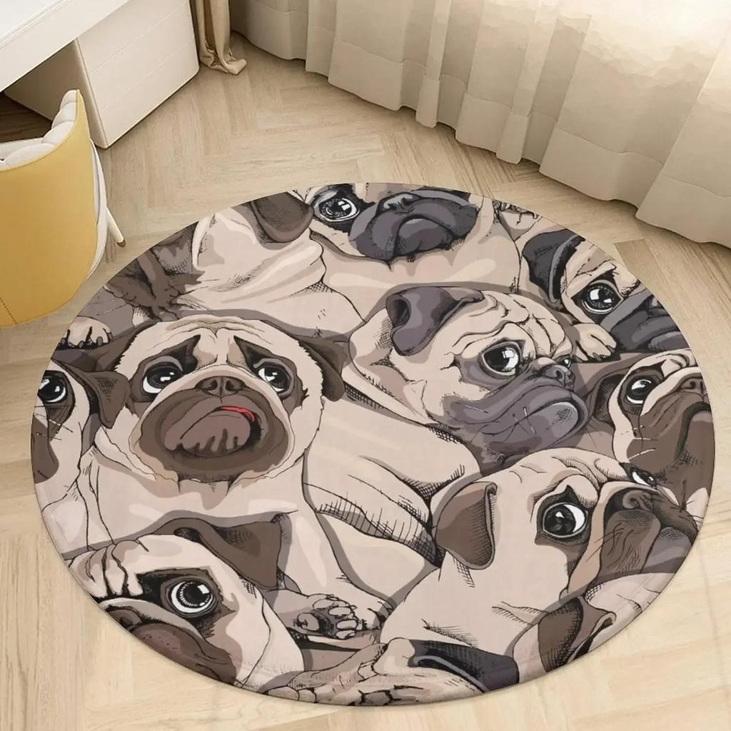 Crystal Velvet Cute Pug Round Rug, Kawaii Dog Print Non Slip Floor Mat for Living Room, Bedroom, Home Decor, Circle Area Rug