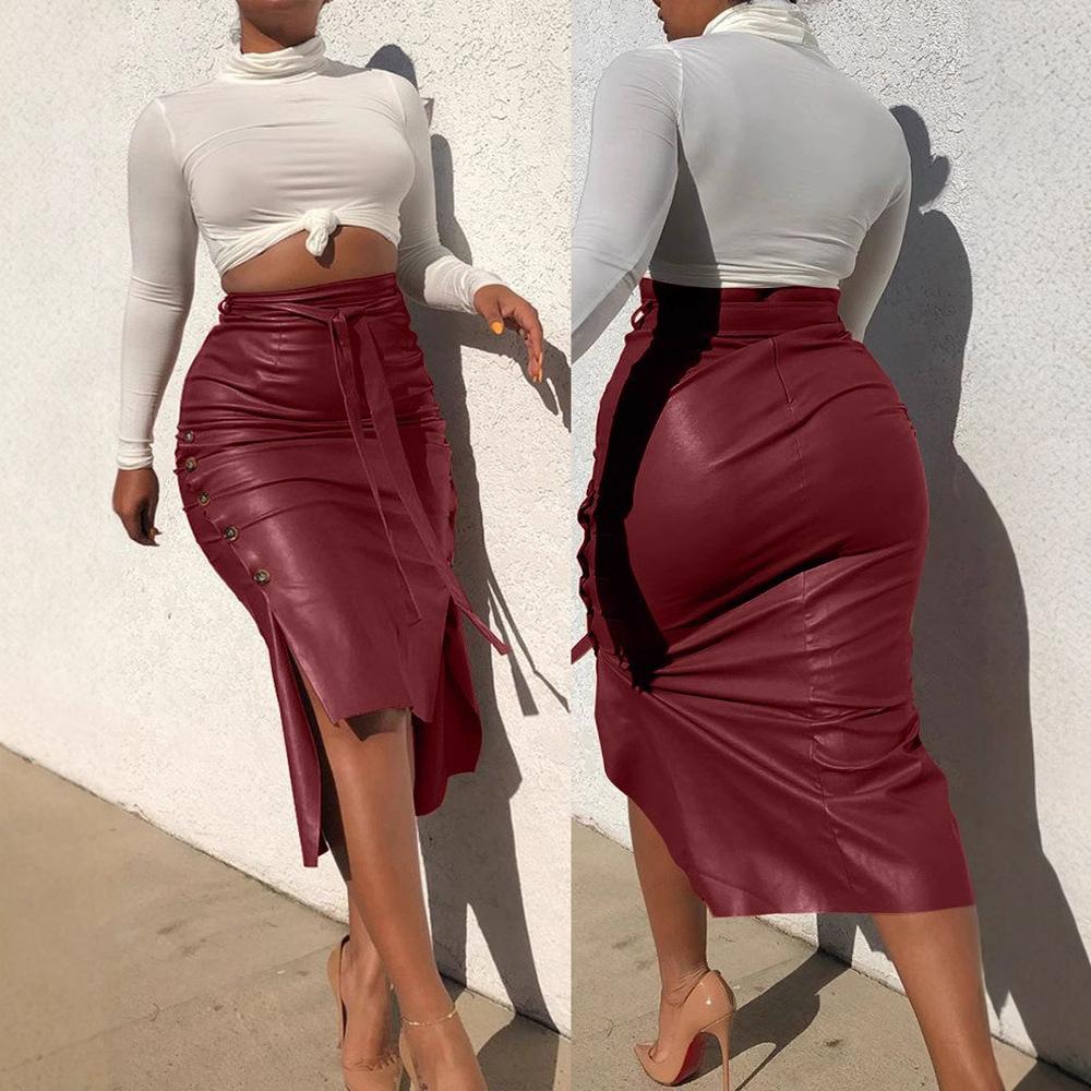 Women Trendy PU Midi Skirt Solid Color High Waist Lace-up Side Button Slim Skinny Pencil Skirt for Ladies Streetwear