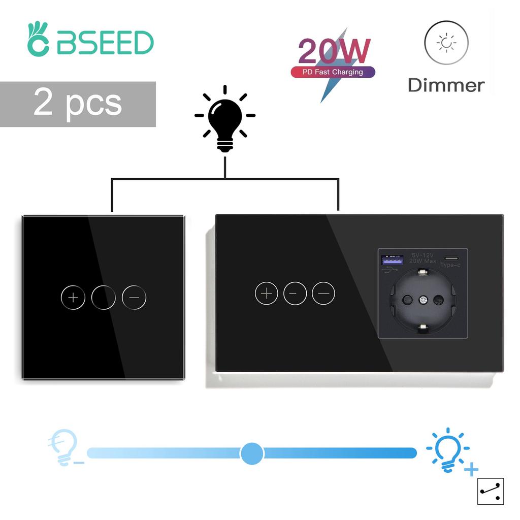BSEED LED Touch Dimmer Schalter Wanddimmer 1-fach 2-Wege Sensor Schalter Plus EU Steckdosen USB Typ-c Gehärtetes Glas Wasserdicht 2er Pack