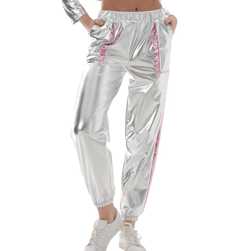 Women’s Shiny Holographic Stretchy Metallic Jogger Pants High Waist Sweatpant Hip Hop Club Rave Pants