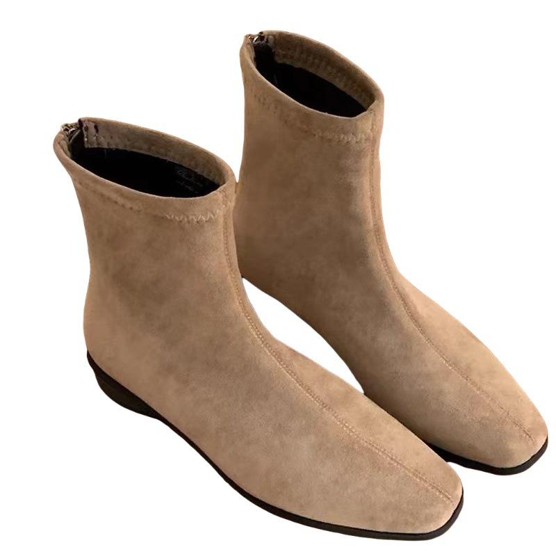 Small Man Increases Height and Looks Thin French Square Head Retro Brown Suede Thick Heel Short Boots Zipper Flat Bottom Martin Boots Women