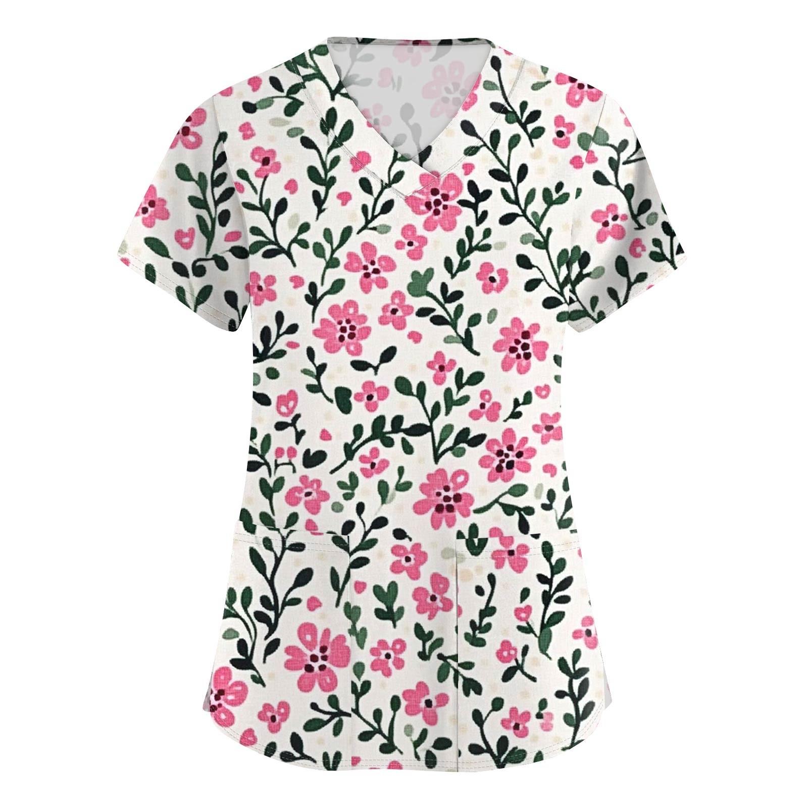 

Женская модная рабочая одежда с короткими рукавами с принтом и верхом с двойными карманами S розовый