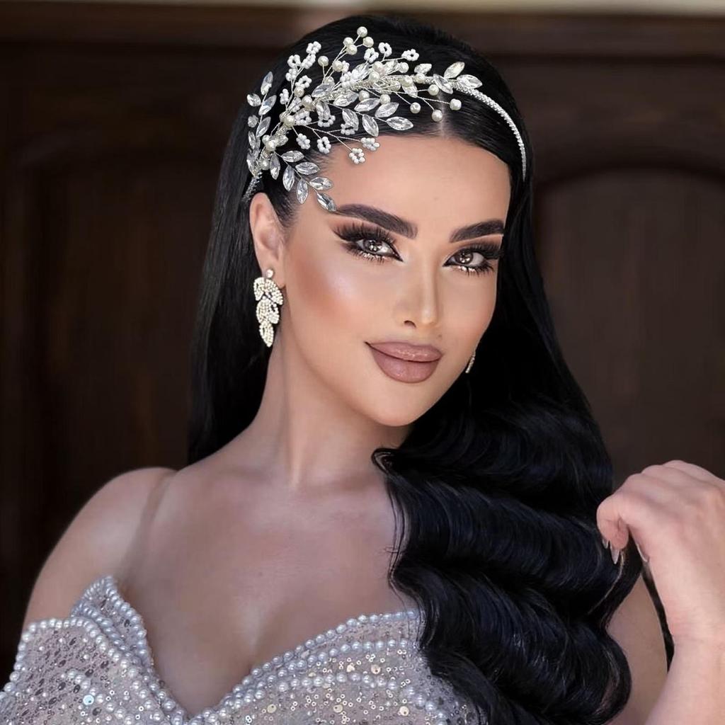 Double Row Pearl Rhinestone Claw Chain Headband with Wedding Veil